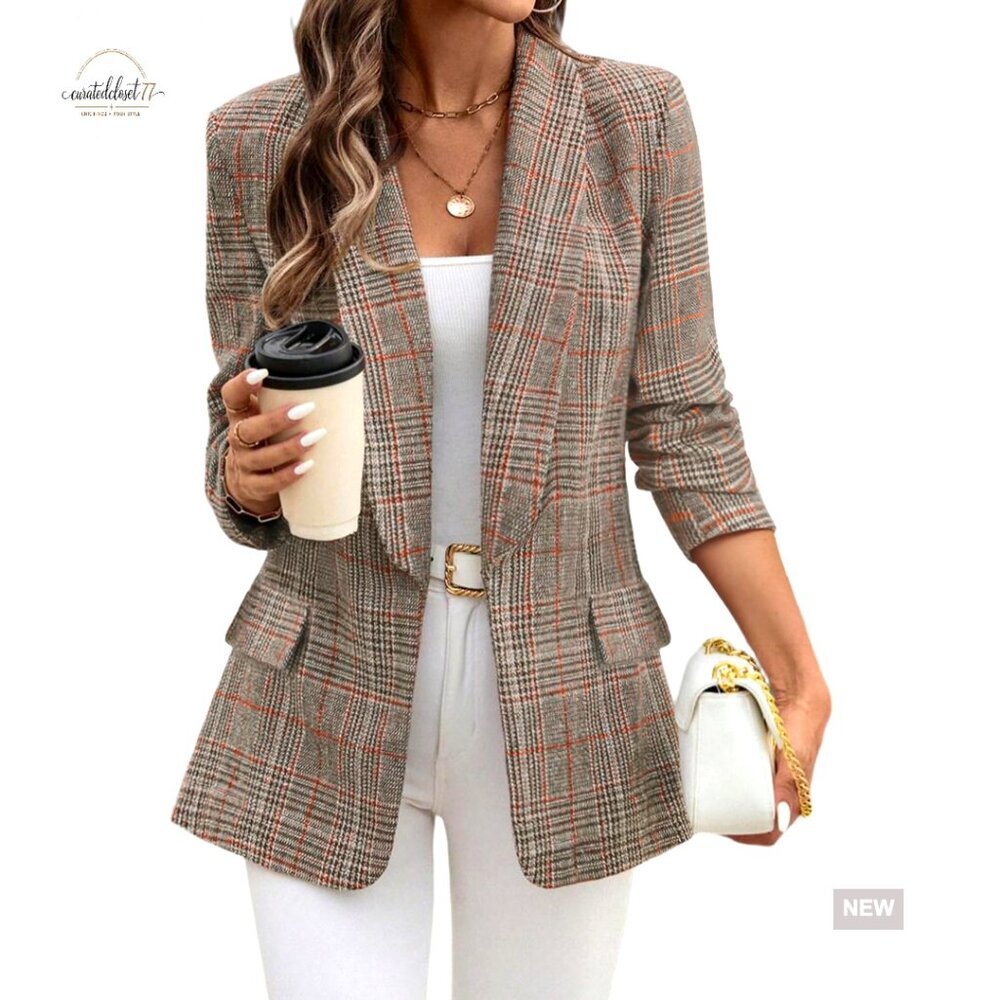 Shawl Collar Plaid Boyfriend Blazer, Business Casual Open Front Jacket